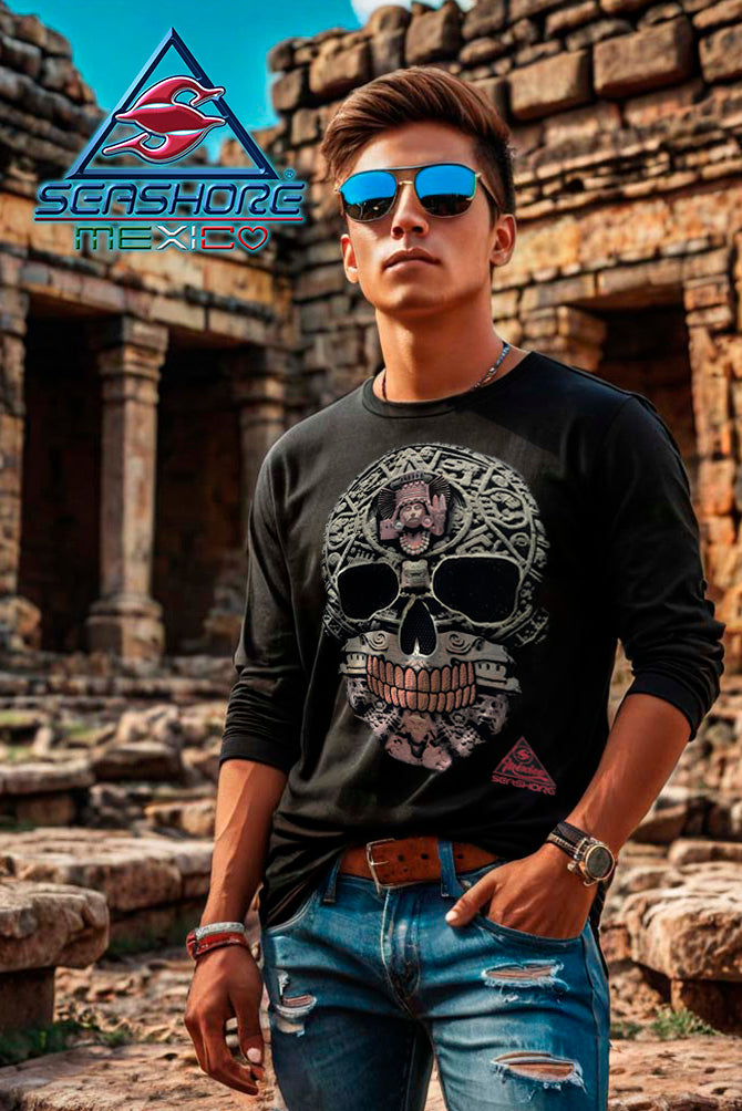 PLAYERA CABALLERO MANGA LARGA CALAVERA AZTECA