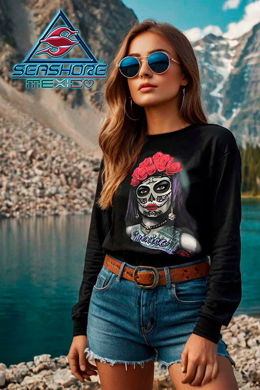 PLAYERA DAMA ESTAMPADA MANGA LARGA CATRINA SEASHORE