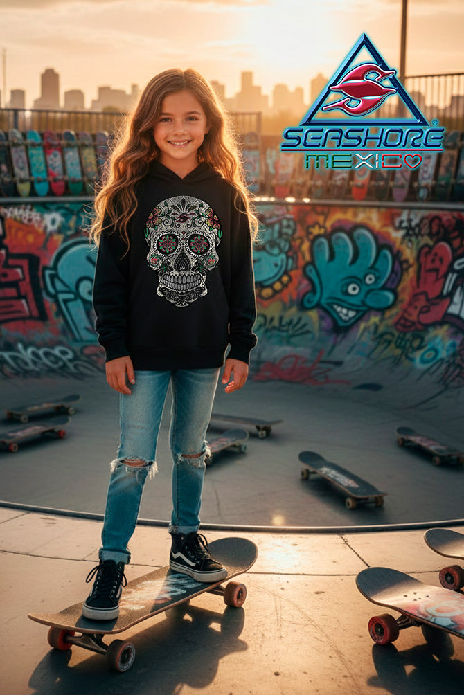 SUDADERA GRUESA CON CAPUCHA NIÑA CALAVERA MEXICANA