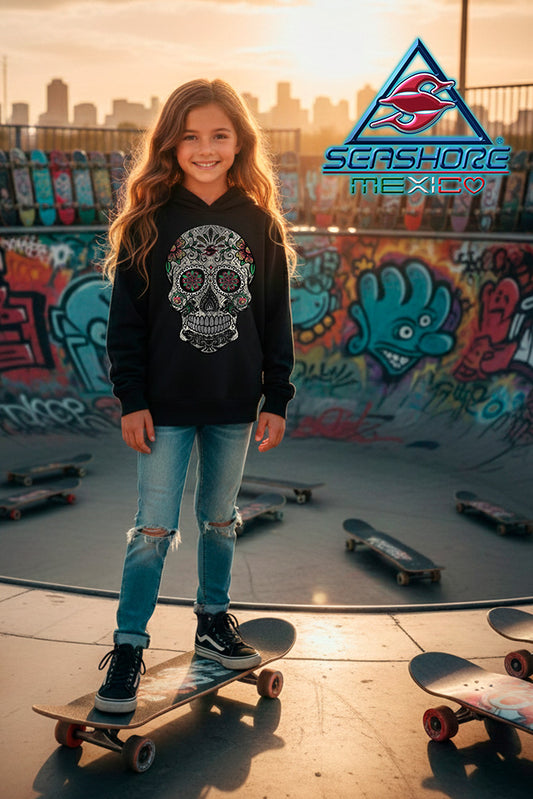 SUDADERA GRUESA CON CAPUCHA NIÑA CALAVERA MEXICANA