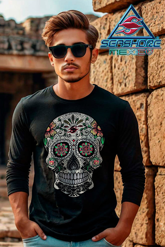 PLAYERA CABALLERO MANGA LARGA CALAVERA MEXICANA