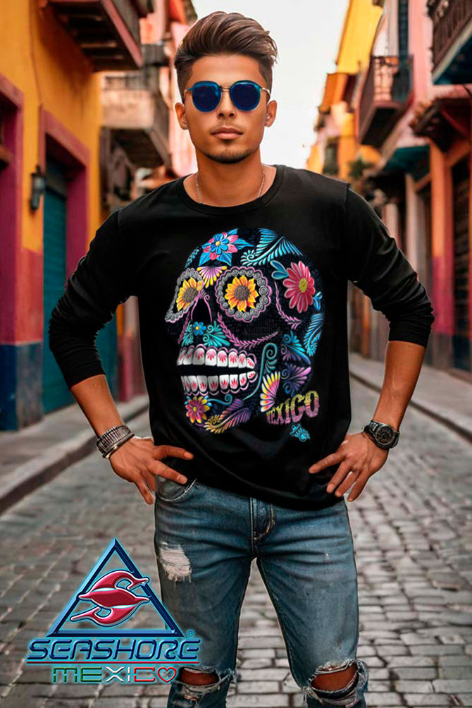 PLAYERA CABALLERO MANGA LARGA CALAVERA OFRENDA
