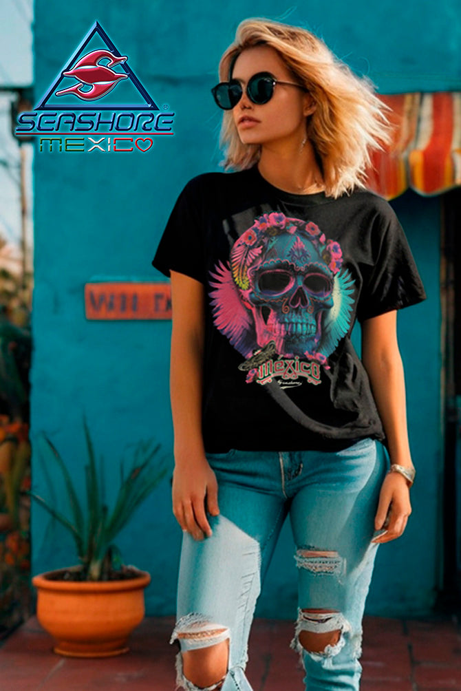 PLAYERA DAMA CALAVERA CON PEDRERIA COLORES NEON SEASHORE