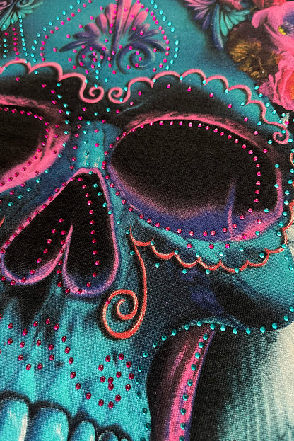 PLAYERA DAMA CALAVERA CON PEDRERIA COLORES NEON SEASHORE