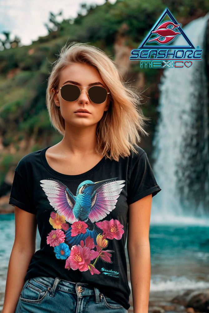 PLAYERA DAMA COLIBRÍ CON PEDRERIA SEASHORE