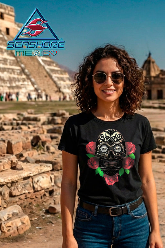 PLAYERA DAMA CALAVERA ROSAS