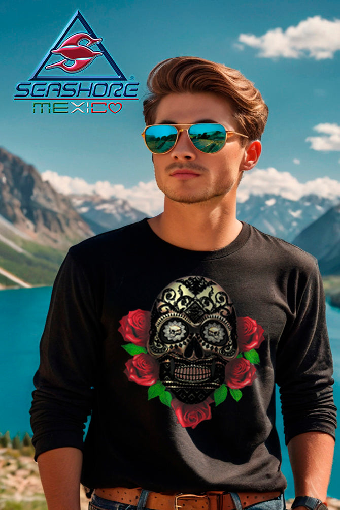 PLAYERA CABALLERO MANGA LARGA CALAVERA ROSAS