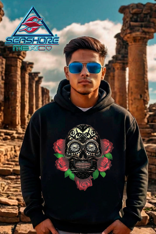 SUDADERA CON CAPUCHA CABALLERO CALAVERA ROSAS