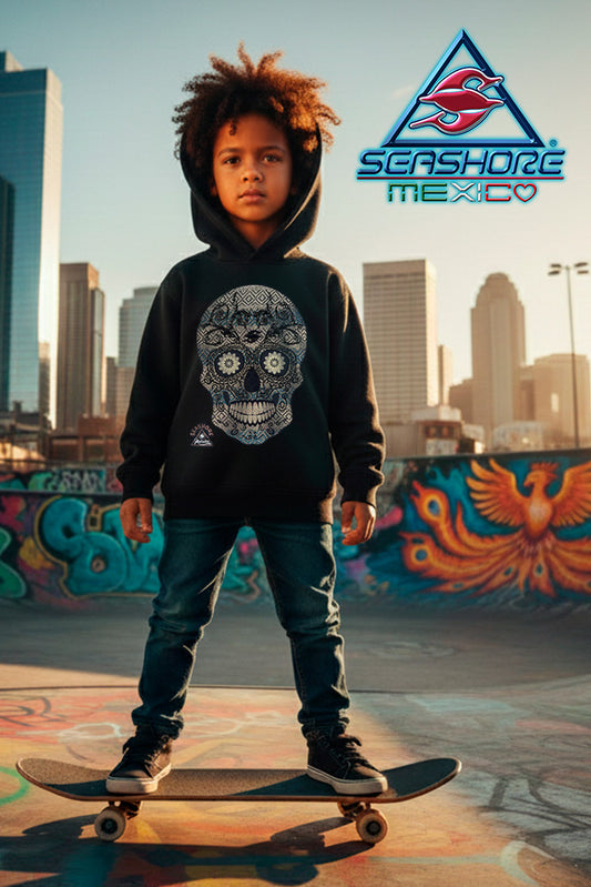 SUDADERA GRUESA CON CAPUCHA NIÑO CALAVERA DORADA
