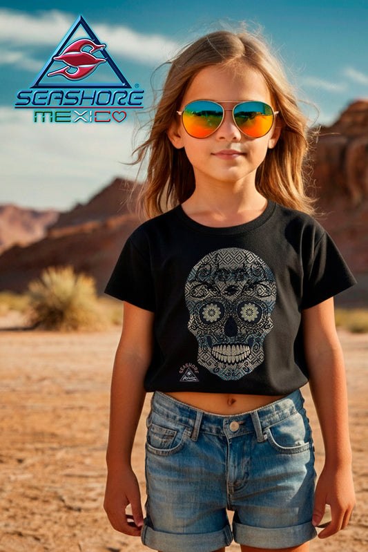 PLAYERA NIÑA CALAVERA DORADA