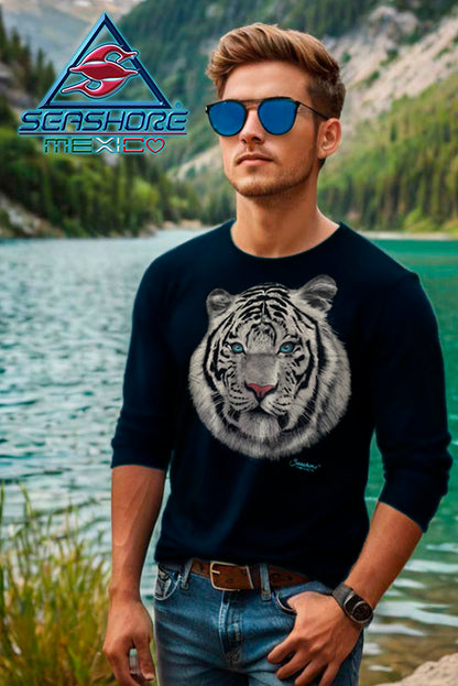 PLAYERA CABALLERO MANGA LARGA TIGRE BLANCO